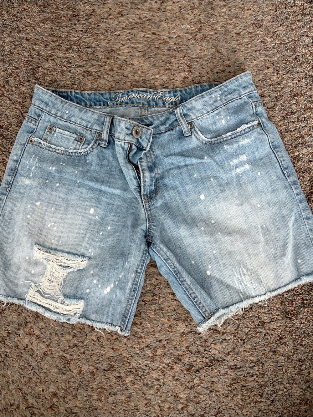 American Eagle Outfitters Light Wash Distressed Denim Paint-Splash Shorts